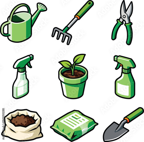Gardening Tools and Supplies Icon Set