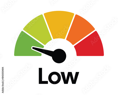 Low Risk Gauge Icon – Green Five-Segment Meter with Needle – High Quality Vectorial Stock Image