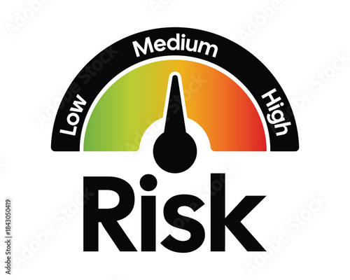 Medium Risk Gauge Icon – Yellow Semicircular Meter with Needle – High Quality Vectorial Stock Image