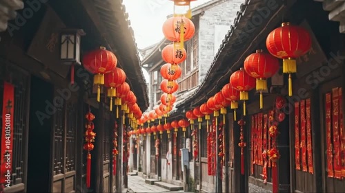 Traditional Chinese street decorated with vibrant red lanterns during festival time