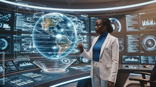 Young Black Woman Leading Global Tech Initiative in Futuristic Command Center Displaying Earth Hologram Amidst Data Screens