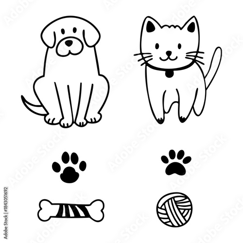 Hand drawn dog and cat set in outline doodle style. Vector collection of pet illustrations