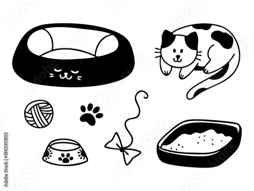 Hand drawn cat accessories set in outline doodle style. Vector collection of pet care illustrations. 
