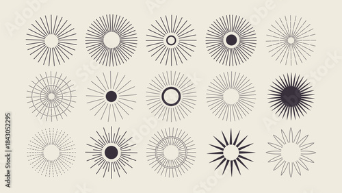 A striking grid of sunburst designs showcases a variety of line styles and central shapes, all set against a bold beige background.