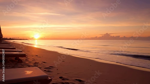 A tranquil sunrise over a tropical beach with empty lounge chairs lining the shore