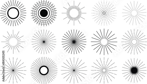 A striking grid of sunburst designs showcases a variety of line styles and central shapes, all set against a transparent  background