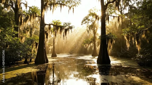 Misty sunlight streams through ancient cypress trees draped in Spanish moss over a serene swamp waterway.