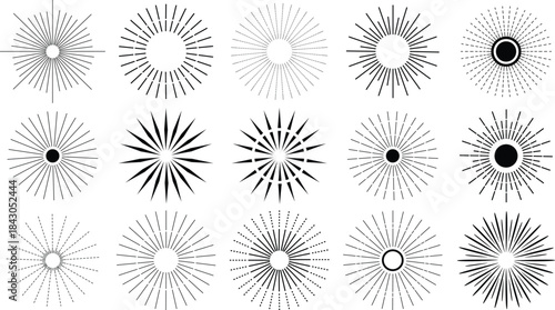 A striking grid of sunburst designs showcases a variety of line styles and central shapes, all set against a white background