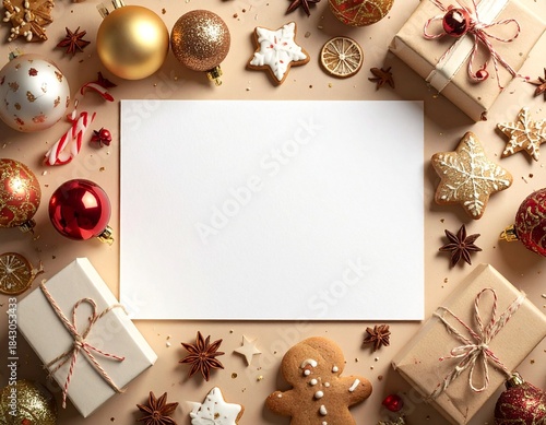 Merry Christmas greeting template with festive holiday atmosphere. Features elegant Christmas decorations, seasonal elements, and warm winter colors. Suitable for greeting cards, posters, banners, soc