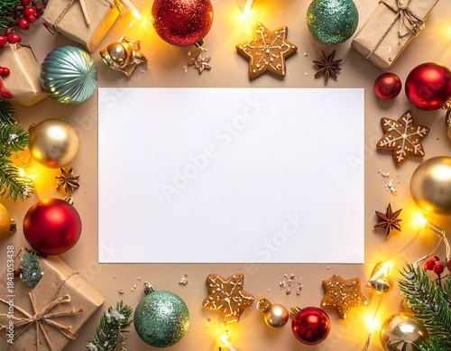 Merry Christmas greeting template with festive holiday atmosphere. Features elegant Christmas decorations, seasonal elements, and warm winter colors. Suitable for greeting cards, posters, banners, soc