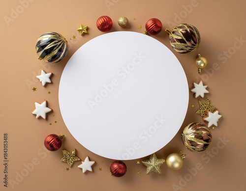Merry Christmas greeting template with festive holiday atmosphere. Features elegant Christmas decorations, seasonal elements, and warm winter colors. Suitable for greeting cards, posters, banners, soc