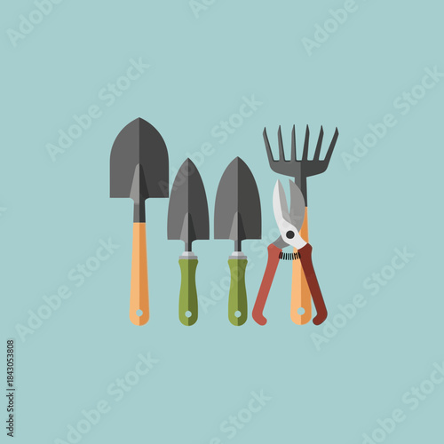 Gardening tools including shovel trowels hand fork and pruning shears are displayed.