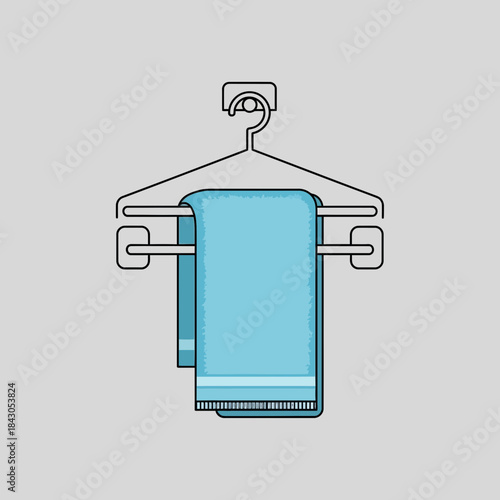 A light blue towel hangs on a metal towel rack with black outline.