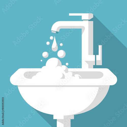 White sink with faucet water drops and soapy foam flat vector illustration.