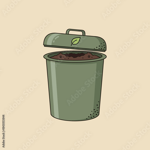 Green compost bin with lid slightly open showing dark soil inside.