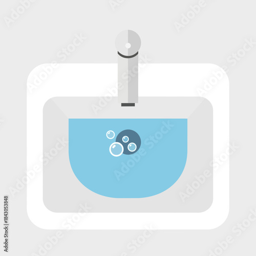 Sink with water bubbles and drain viewed from above flat illustration.