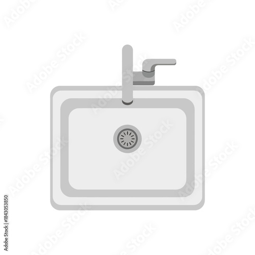 Top view of a square sink with a faucet and drain.