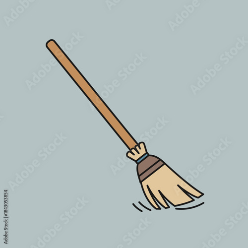 Cartoon broom with wooden handle and bristles shown sweeping with motion lines.
