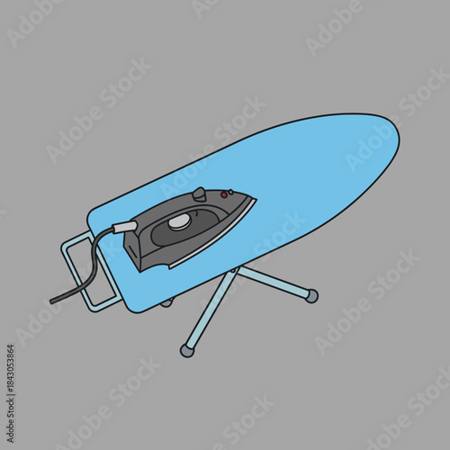 An iron rests on top of an ironing board with a power cord.