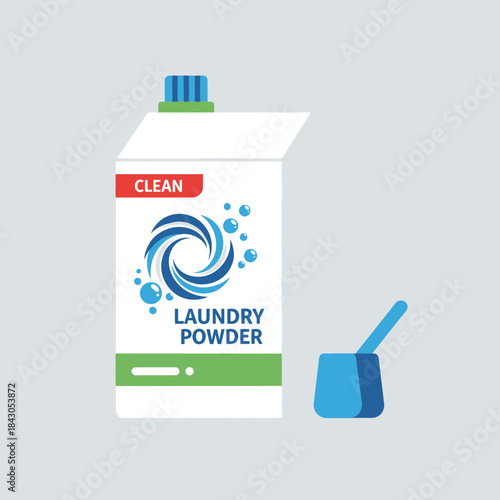 Laundry powder container with scoop clean text and blue swirl design.