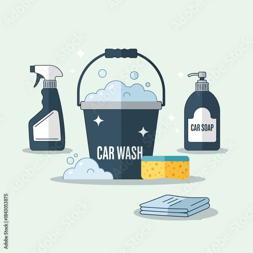 Car wash supplies include bucket soap spray bottle sponge and towel.