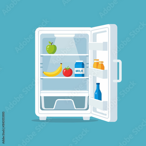 Open refrigerator containing milk fruit jars bottle apple banana and tomato.