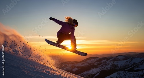 Female snowboarder jumping high during an epic sunset session with golden light splashing across the mountains and fresh snow