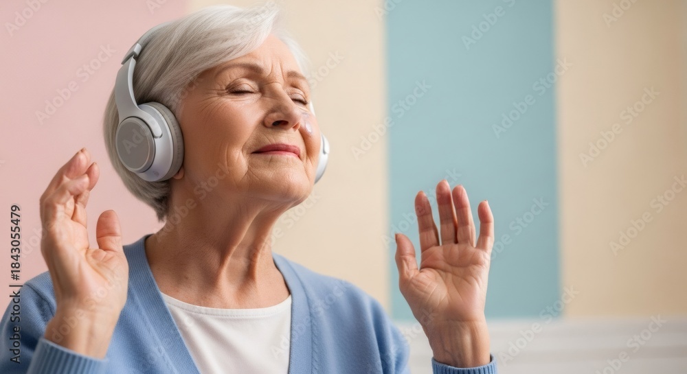 Naklejka premium Elderly woman with gray hair wearing headphones and smiling. Using music for therapy, relaxation, and mental health in old age.