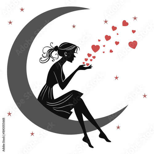 Romantic Valentine Silhouette of Woman Sitting on Crescent Moon Blowing Hearts