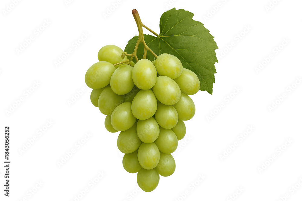 Fototapeta premium Bunch of fresh green grapes with a vine leaf on a transparent background, symbolizing healthy eating and natural fruit
