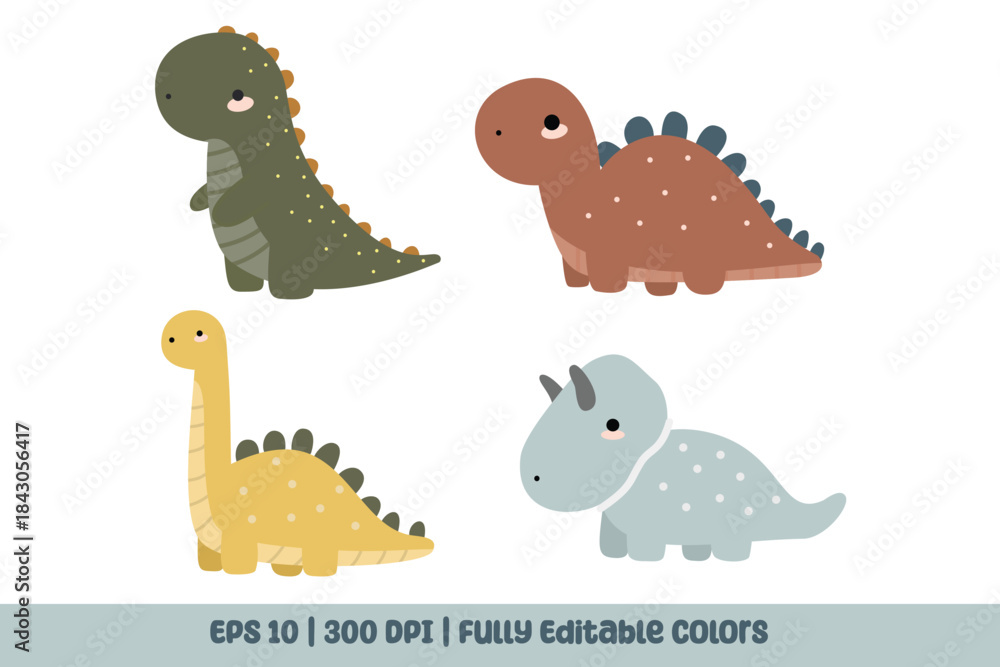 Naklejka premium Cute Baby Dinosaur Clipart Set For Nursery Art or Kids Design. Suitable for clip art, stickers, flat design illustration, etc