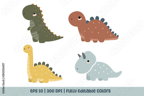 Cute Baby Dinosaur Clipart Set For Nursery Art or Kids Design. Suitable for clip art, stickers, flat design illustration, etc