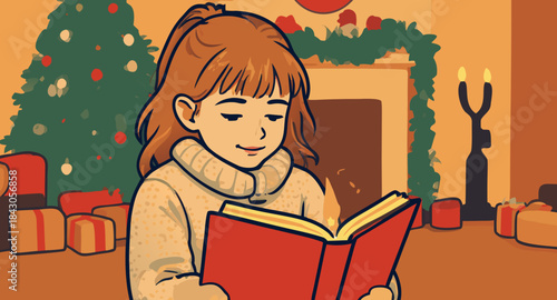 Child Reading Book by Christmas Tree in Cozy Living Room, Warm Holiday Storytime Illustration
