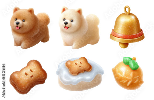 Charming Cartoon Pets with Chew Toy, Grooming Brush, and Food Bowl on Transparent Background