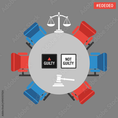Round table with chairs scales gavel and guilty not guilty signs.