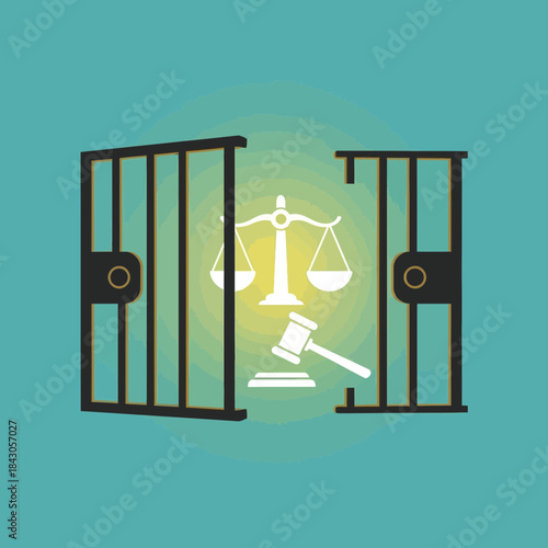 Scales of justice and gavel are behind open jail bars.