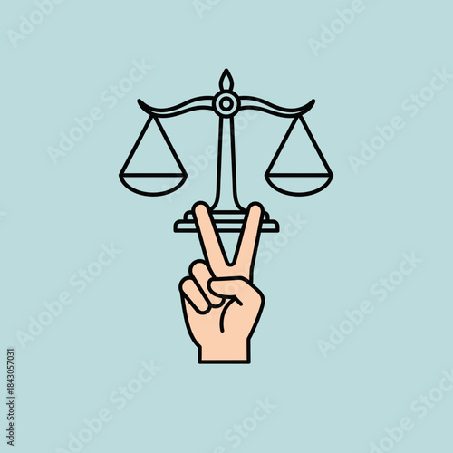 Hand making peace sign supports scales of justice illustration.