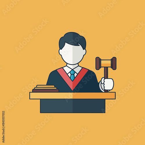 Judge with gavel at desk wearing robe and tie illustration.