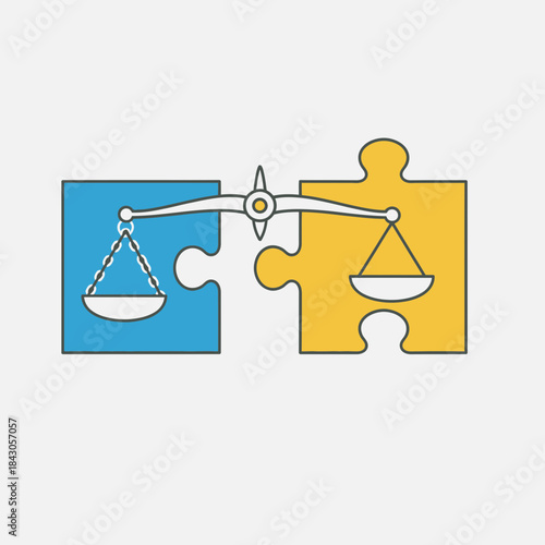Scales of justice balance on two puzzle pieces blue and yellow.