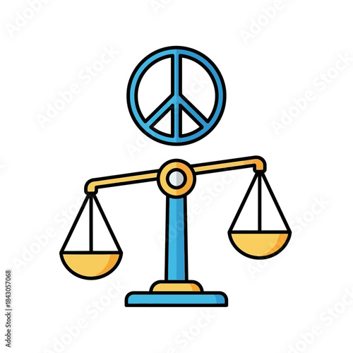 Scales of justice with a peace symbol above the balance beam.