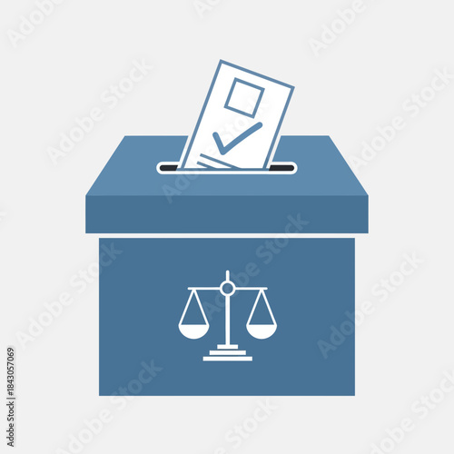 Ballot box with paper and checkmark plus scales of justice symbol.