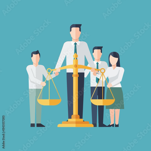 Three people hold a golden scale of justice flat vector illustration.