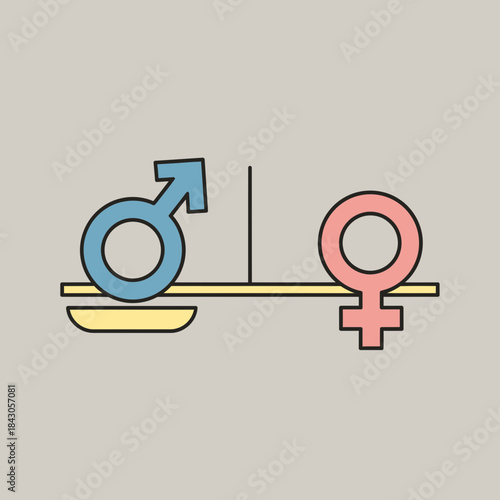 Male and female symbols on a seesaw representing gender equality balance.