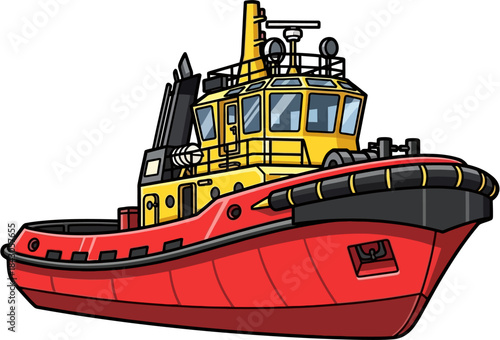 Tugboat Vector Illustration, Harbor Assistance Boat For Ship Towing And Port Marine Operations