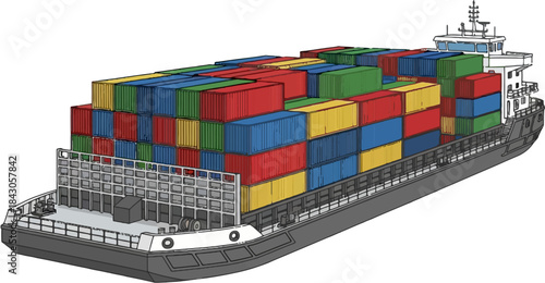 Container Barge Vector Illustration, Flat Deck Cargo Vessel For River Freight And Industrial Transportation