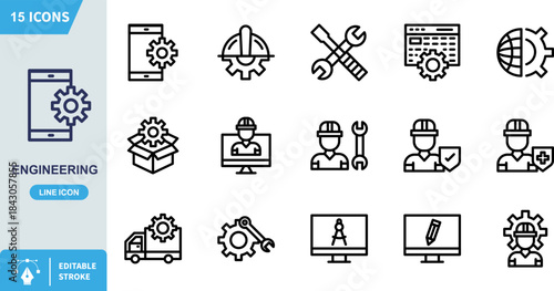 Mobile gear setting icon represents technical configuration and software development processes on a smartphone device utilizing a clean line art style suitable for application interfaces system maint