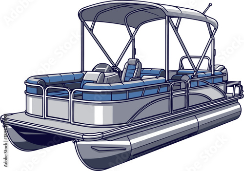 Pontoon Boat Vector Illustration, Modern Leisure Watercraft For Lake Cruising, Recreation And Family Travel