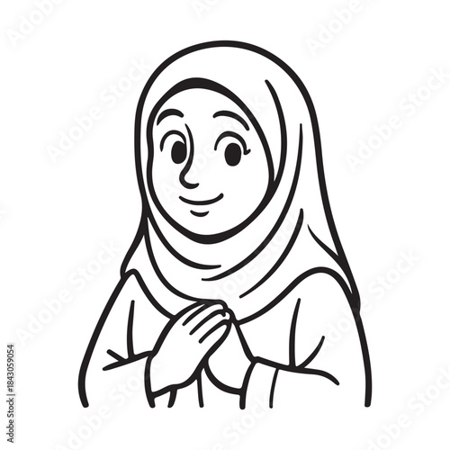 Line art illustration of a smiling woman in hijab with clasped hands