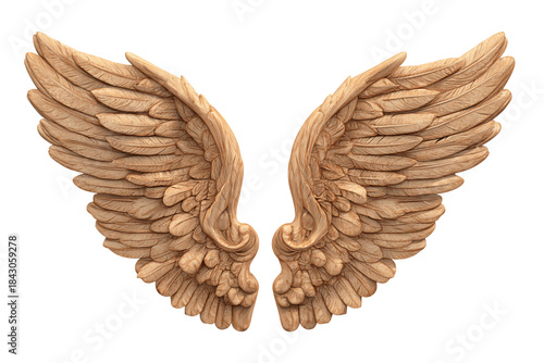 Detailed Carved Beige Angel Wings on Transparent Background, PNG