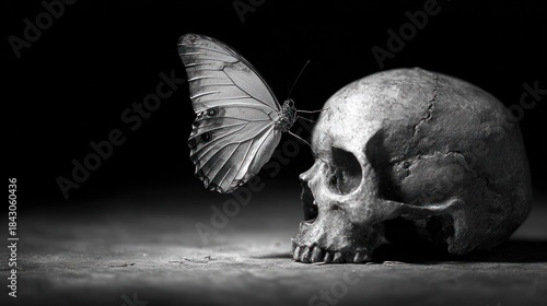 Monochrome skull with a delicate butterfly resting upon it
